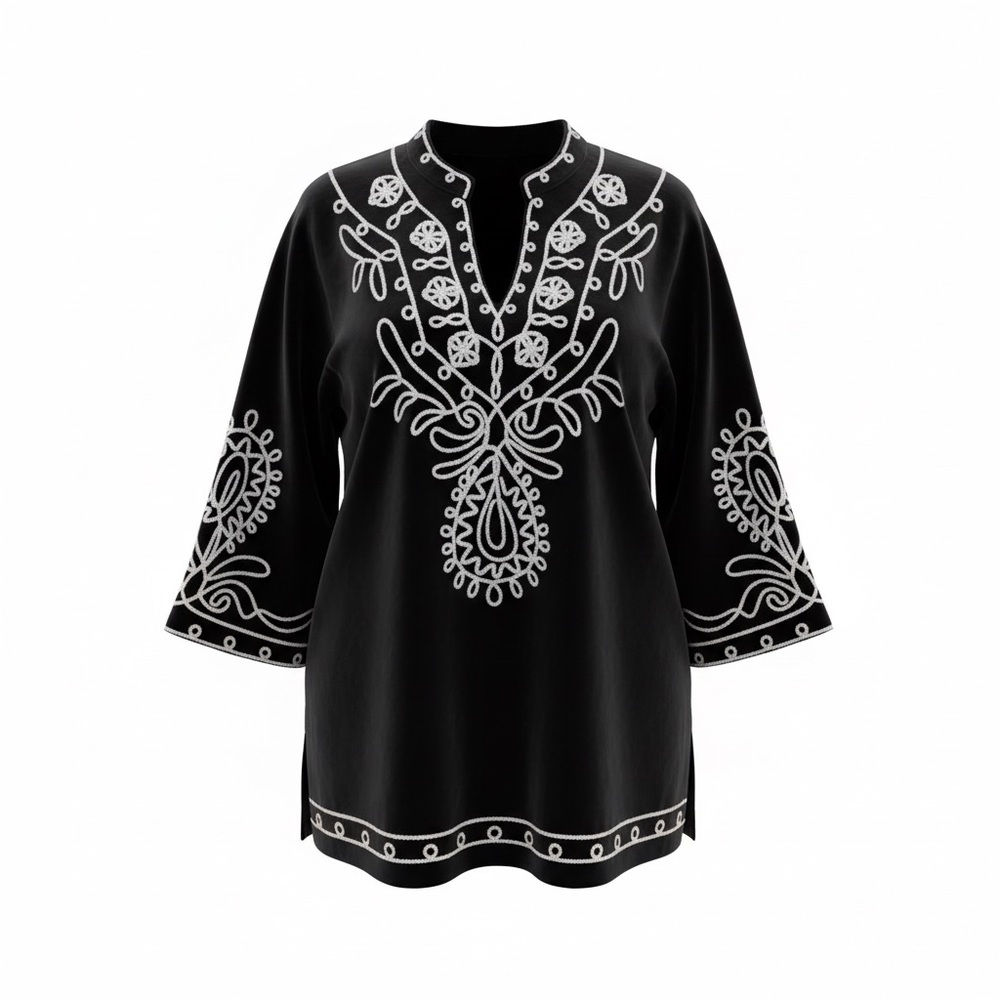 Black Velvet Tunic Blouse With Decorative Cord Trim Size L Boho Folk Statement